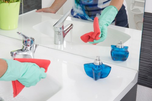 Cleaning products stored and handled safely with proper labels